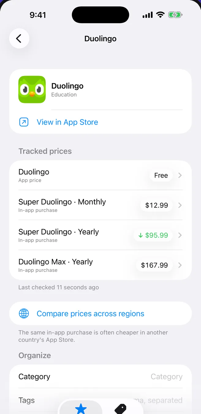 A tracked app in DropRoost showing its in-app purchase prices, with the yearly subscription marked as dropped to $95.99